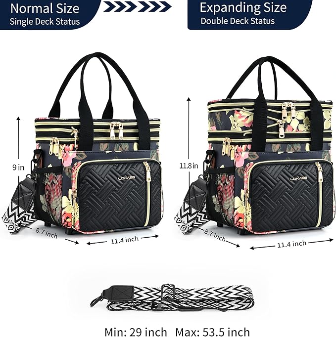 LOKASS Lunch Box for Women/Men-16L-Insulated Lunch Bag, Expandable Double-layer Leakproof Cooler Bag with Upgrade Adjustable Shoulder Strap Ideal for Work/Travel/Picnics（Floral）