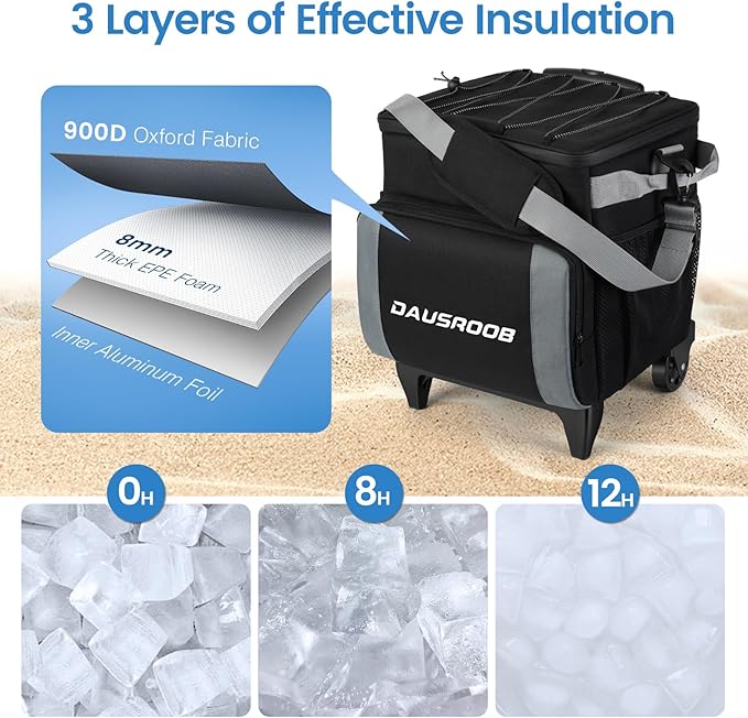 Rolling Cooler with Wheels, Heavy Duty Leakproof Soft-Sided Ice Chest, 12Hrs Ice Retention & Enhanced Stability Wheeled Coolbag, Insulated Travel Cooler for Camping,Grocery,Beach,Outdoor