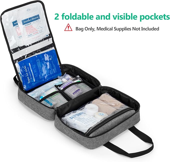 CURMIO Small First Aid Bag, Empty Emergency Trauma Kit Organizer Bag for Hiking, Camping, Car, Travel, Home and Outdoor, Gray, BAG ONLY, Patent Pending