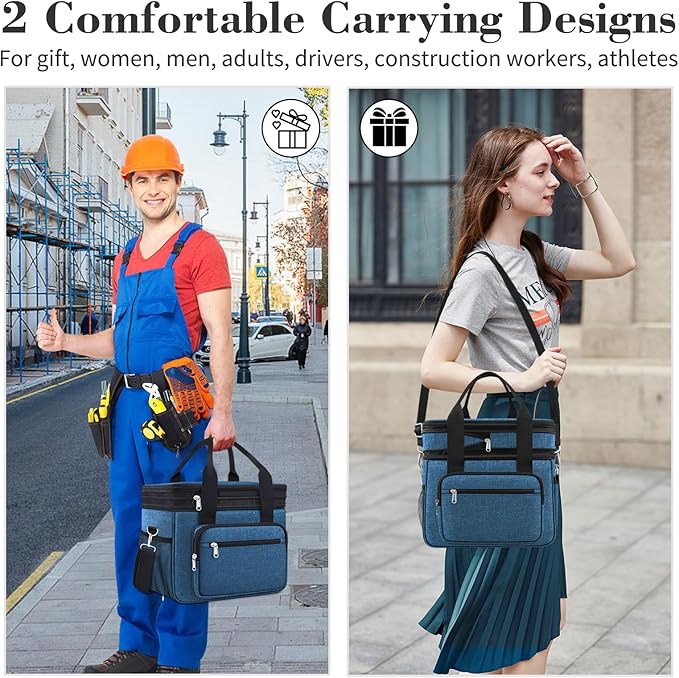 23L Extra Large Expandable Insulated Cooler Lunch Box for Men Double Deck Leakproof Heavy Duty Lunch Bag with 4 Ice packs&2 Snack Bags for Adult/Construction/Women/Work/Picnic/Camping - Blue