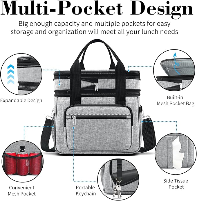 23L Extra Large Expandable Insulated Cooler Lunch Box for Men Double Deck Leakproof Heavy Duty Lunch Bag with 4 Ice Packs&2 Snack Bags for Adult/Construction/Women/Work/Picnic/Camping - Grey