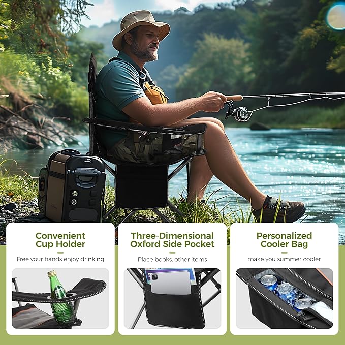 ALPHA CAMP Oversized Camping Folding Chair, Heavy Duty Support 450 LBS Steel Frame Collapsible Padded Arm Chair with Cup Holder Quad Lumbar Back, Portable for Outdoor