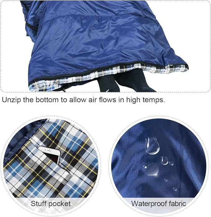 REDCAMP Flannel Sleeping Bag for Adults, Comfortable Cotton Sleeping Bags for Camping with Detachable Hood, Red/Grey/Blue