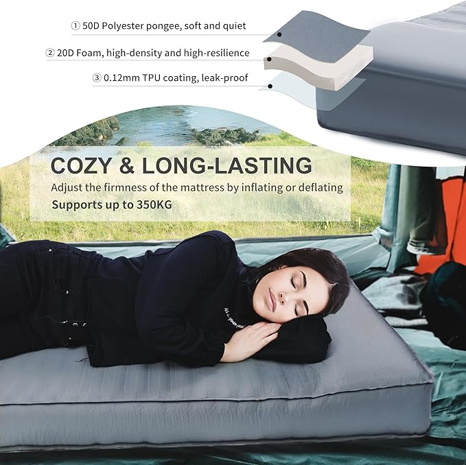 Origem Self Inflating Sleeping Pad, 4" Ultra-Thick Camping Mattress with Built-in Pump, Foam Campinging Mat for Tent, Traveling and Car, Easy to Inflate and Deflate (Grey)