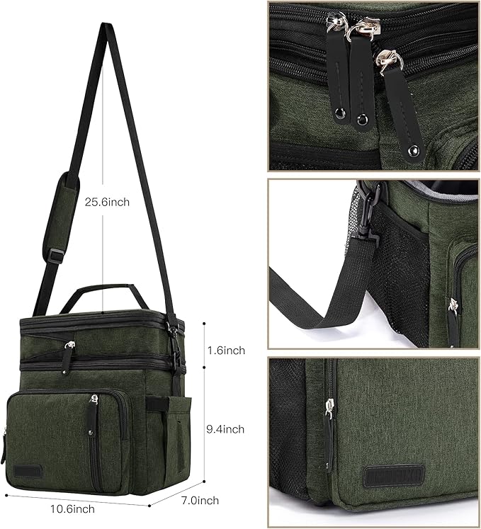 Men's and Women Double Compartment Lunch Bag, Insulated Lunch Cooler Tote 2 Roomy Large Reusable Water-resistant Lunch Box (Green)