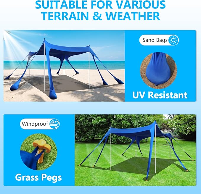 Beach Tent Sun Shelter, 10 x 10 FT Beach Canopy Tent Sun Shade Heavy Duty, UPF50+ Beach Tent Canopy with 8 Sandbags & 4 Stability Poles, Outdoor Beach Shade Canopy for Camping and Fishing, Blue
