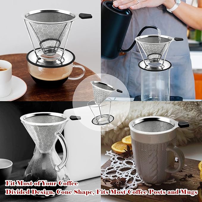 LIGICKY Reusable Coffee Filter Professional Manual Stainless Steel Coffee Dripper Cone Coffee Strainer Paperless Coffee Maker for 2-4 people with Removable Cup Stand, Cleaning Brush, Coffee Scoop