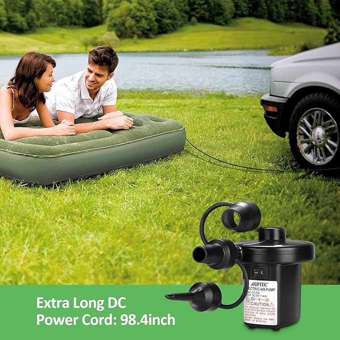 AGPTEK Electric Air Pump,Portable Air Pump with 3 Nozzles, 4.5kPa Quick-Fill,110V AC/12V DC Inflator/Deflator Pumps for Outdoor Camping, Inflatable Air Mattress Beds, Boats, Swimming Ring