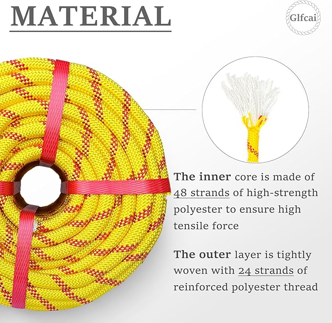 Climbing Rope 1/2 in x 100 Ft Yellow Bull Rope Polyester Braided Arborist Rope 1/2 inch 48 Strands 100ft for Tree Pulling,Nautical Rigging Rope Swing