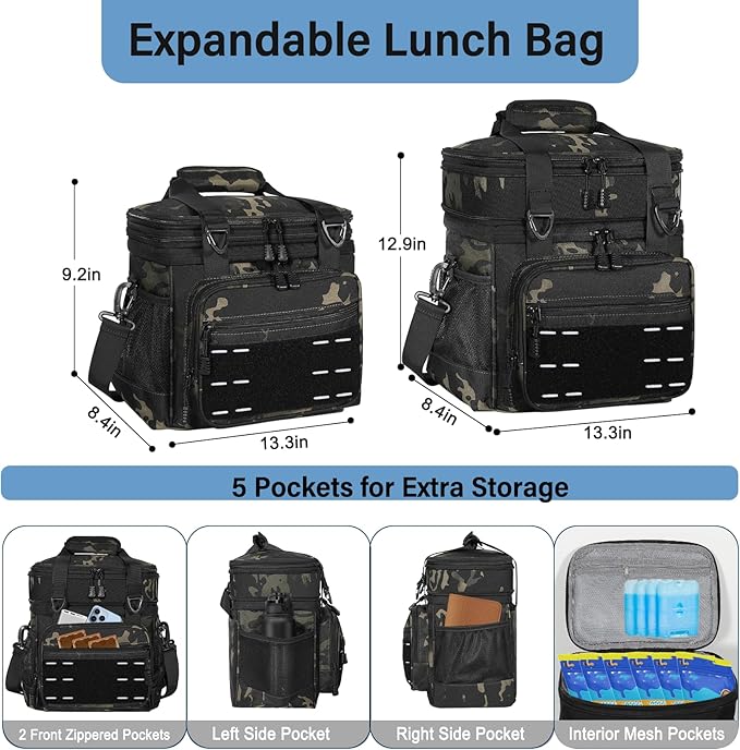 Lunch Box Cooler Bag - Insulated Tactical Lunchbox for Men - Large Lunch Pail Kit for Adults Work Outdoor Shifts Trips Black Camo 25L