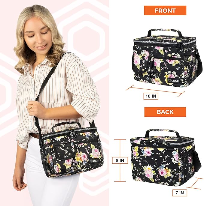 opux Insulated Lunch Bag for Men Women, Leakproof Floral Black Lunch Box for Work, Portable Soft Lunch Cooler Bag with Shoulder Strap, Adult Lunchbox Lunch Pail for Kid Boy Girl School, 14 Can/8L