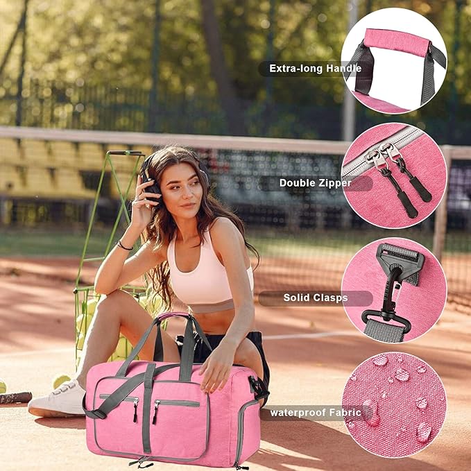 Dimayar 40L Travel Duffle Bag for Men Women - Foldable Duffel Bag with Shoes Compartment - Overnight Bags Waterproof & Tear Resistant(Pink)