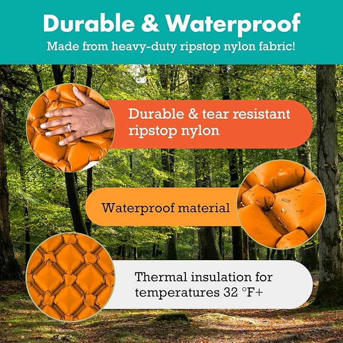 Inflatable Mat for Camping - Pack of 2 - Ultralight Sleeping Pad for Camping and Backpacking - Compact Air Mattress - Camping Mat with Tear-Resistant Ripstop Nylon - 73.5" x 21.5" - Orange