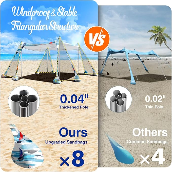 Rhino Valley Beach Tent Sun Shelter, Beach Canopy Tent Sun Shade UPF50+ Protection with 8 Sandbags 4 Stability Poles, Outdoor Beach Shade Canopy for Beach, Camping, Fishing