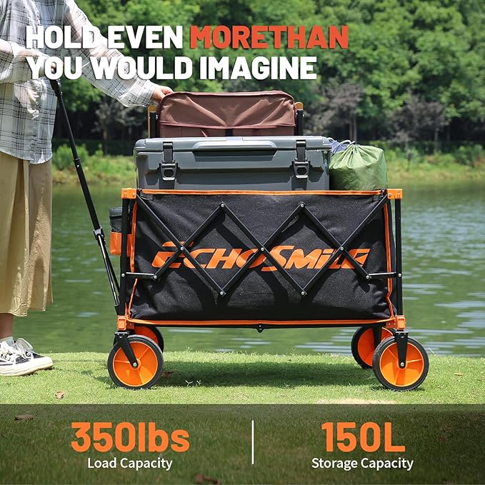 EchoSmile Heavy Duty 350 Lbs Capacity Collapsible Wagon, Outdoor Folding Camping Wagons, Grocery Portable Utility Cart, Adjustable Rolling Carts, All Terrain Sports Wagon with Big Wheels (Dark-Black)