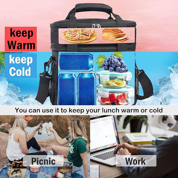 Lunch Box for Men/Women,Large Double-Layer Insulated Expandable Reusable Leakproof Cooler Bags for Adults,Lunch Bag with Adjustable Shoulder Strap for Office Travel Picnic（Dark Gray）