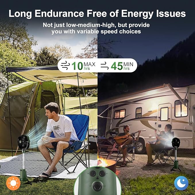 Odoland Camping Fan with Lantern, 360° Oscillation 20000mAh Table Fan with Remote & Hook, Rechargeable Battery Operated Outdoor Power Fan with Light for Camp, Family Travel and Jobsite, Green