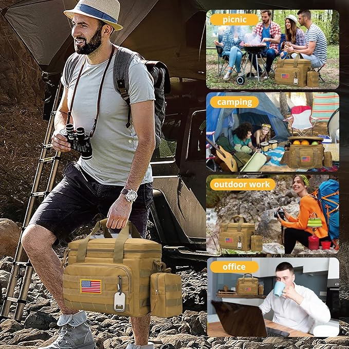 Tactical Lunch Box for Men, Insulated Lunch Bag MOLLE Webbing Leakproof, Cooler Large Lunchbox Women Adult with Adjustable Shoulder Strap Durable, Construction Heavy Duty Lunch Pail, Brown