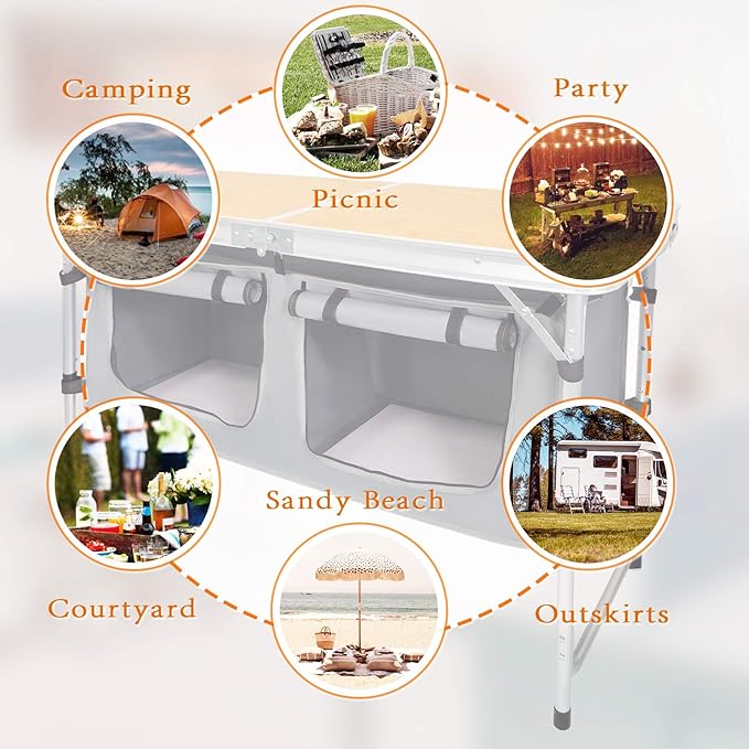 Folding Camping Table with Storage Lightweight Camp Tables Portable Indoor/Outdoor Collapsible Table Height Adjustable Camp Kitchen Perfect for Picnic, Beach, Travel, Tailgating, Backyards, BBQ, Party