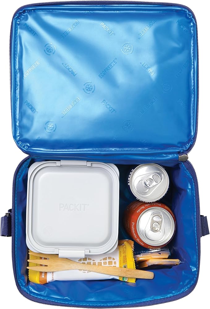 PackIt Freezable Essential Cooler, True Blue, Built with ECOFREEZE Technology, Fully Freezable, Collapsible, Reusable, With Adjustable Crossbody Strap, Top Clip Handle, Designed for Fresh Office