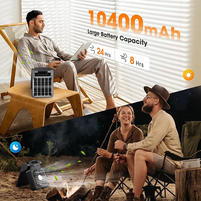 Solar Camping Fan with LED Lantern,10400mAh Rechargeable Battery Powered with Solar Panel and Emergency Power Bank, Perfect Quiet Battery Operated Tent Fan for Picnic, Barbecue, Fishing, Travel