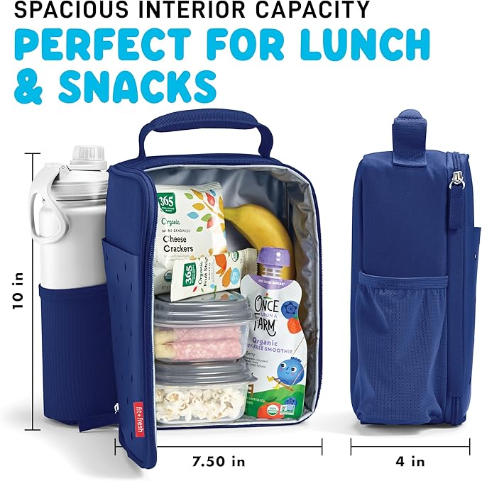 Fit & Fresh Charm Lunch Bag For Kids, Thermal Insulated Lunch Box For Kids Boys & Girls With Shoe Charm Slots For Personalization, School Lunch Box, Navy Blue