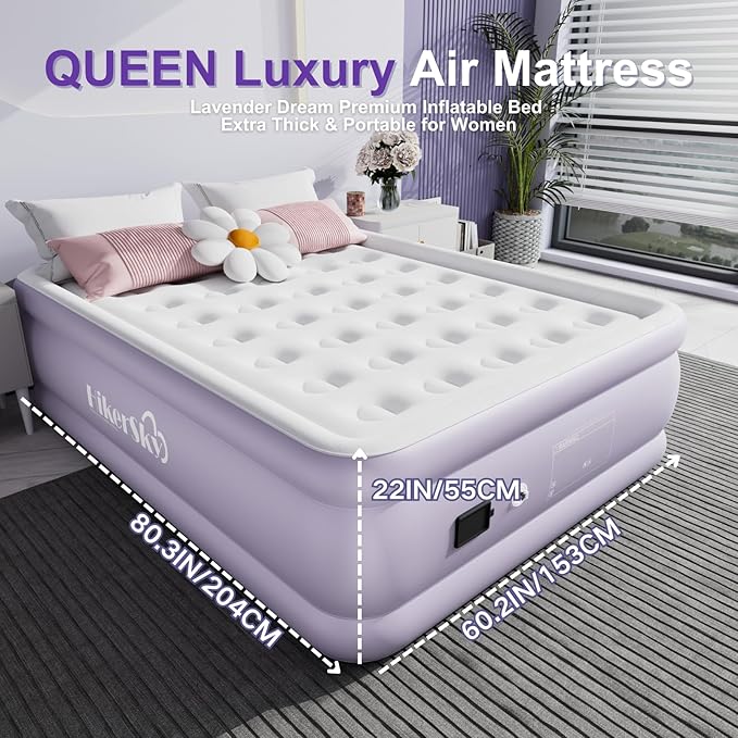 Air Mattress Queen with Built in Wireless Battery Pump,22'' Blow Up Inflatable Air Bed for Camping,Home,Thick Velvet Texture Waterproof,22'' Purple