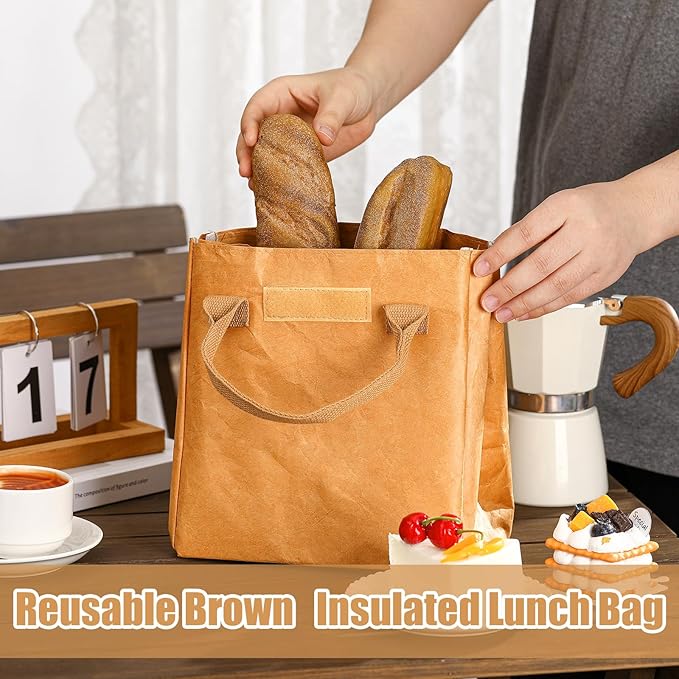 Maxcheck 2 Pcs Insulated Brown Lunch Bag Reusable Lunch Bag 9.45 x 8.66 x 5.51 Inch Easy to Carry Water Resistant Aesthetic Lunch Sack Thermal Lunch Tote Bag for Women Men Adult Snack Everyday Use