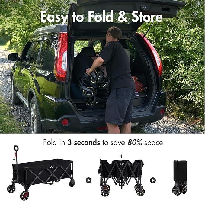 PORTAL 51.2" Long Wagons Carts Foldable with Brakes, Large Foldable Wagon with Cargo Net, Side Pocket, Cup Holders, 350 LBs Heavy Duty Utility Grocery Wagons for Sports, Camping