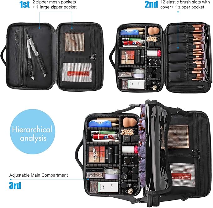 Relavel Travel Makeup Train Case Makeup Cosmetic Case Organizer Portable Artist Storage Bag with Adjustable Dividers for Cosmetics Makeup Brushes Toiletry (medium black)