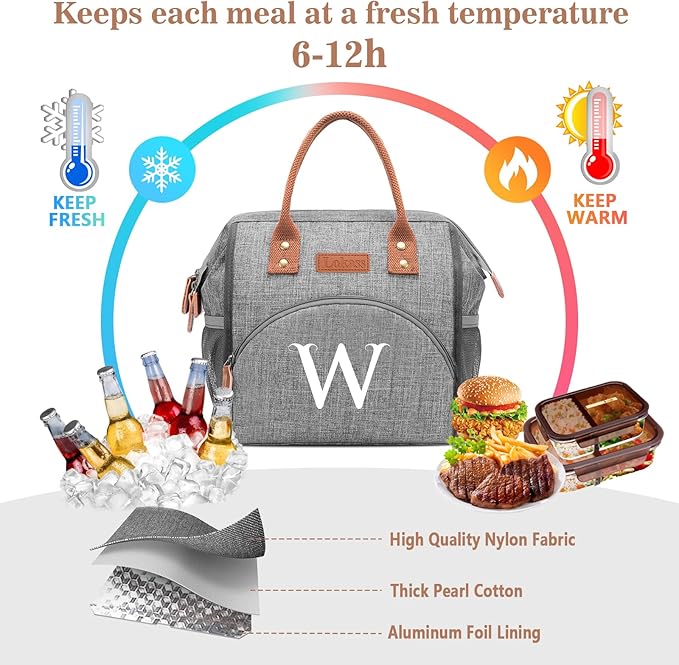 Initial Lunch Bag Women Insulated Lunch Box Wide-Open Tote Bag Large Drinks Holder Durable Nylon Thermal Snacks Organizer for Work, Travel, Picnic Personalized Gifts for Women/Teacher