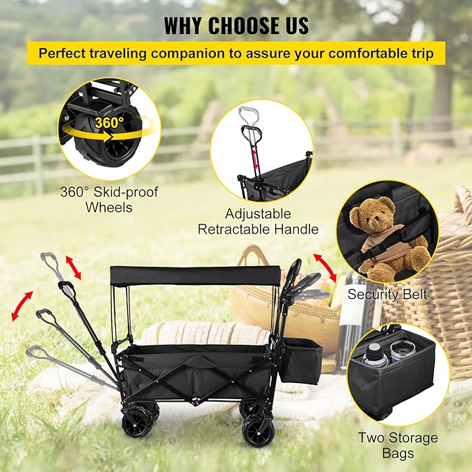 Happbuy Extra Large Collapsible Garden Cart with Removable Canopy, Folding Wagon Utility Carts with Wheels and Rear Storage, Wagon Cart for Garden, Camping, Grocery Cart, Shopping Cart, Black