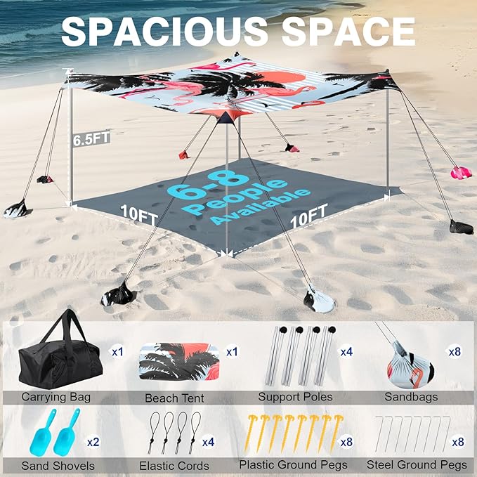 Rhino Valley Beach Tent Sun Shelter, 10x10FT Beach Canopy Tent Sun Shade UPF50+ Protection with 8 Sandbags 4 Stability Poles, Outdoor Beach Shade Canopy 6-8 People for Beach Camping Fishing