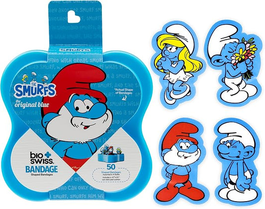 BioSwiss Bandages, The Smurfs Classic Shaped Self Adhesive Bandage, Latex Free Sterile Wound Care, Fun First Aid Kit Supplies for Kids and Adults, 50 Count Plastic Case