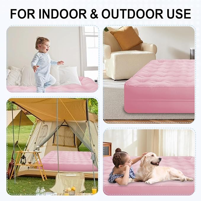 Queen Air Mattress with Built-in Rechargeable Battery Pump, Cooling Pongee Fabric Material, Waterproof & Leakproof Air Mattress Queen, Camping Airbed, (18", Pink)