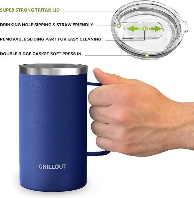 CHILLOUT LIFE Stainless Steel Vacuum Insulated Coffee Mug 16 oz (Set of 2) with Handle and Lid, Large Thermal Camping Coffee Mugs with Sliding Lid for Men & Women, Keeps Your Beverages Hot & Cold
