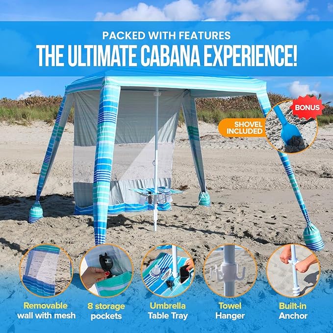 6x6 Easy Up Cabana – Sun Shelter with Privacy Wall, Canopy with Umbrella Table Tray, Towel Hanger & Sand Anchor (Flowers)