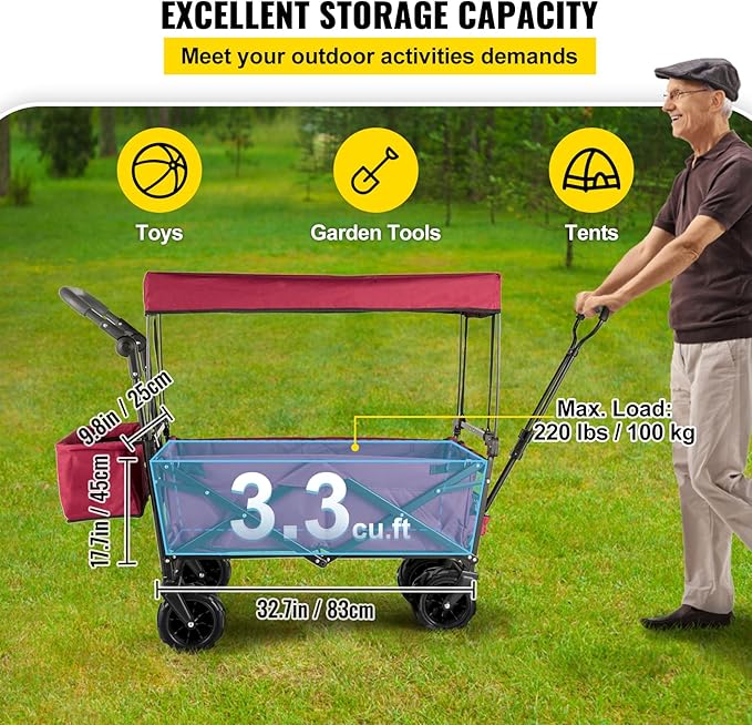 Happbuy Collapsible Wagon with Removable Canopy, 220lbs Heavy Duty Foldable Beach Wagon with Big Wheels