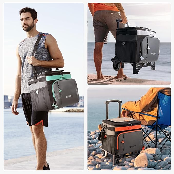 TOURIT 50-Can Collapsible Rolling Cooler Leakproof Insulated Soft Cooling Bag with Wheels and All-Terrain Cart for Beach, Camping, Patio Travel, Outdoor, Ball Fields