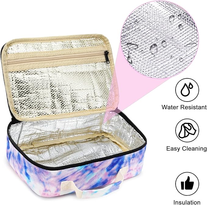 Kids Lunch Box Boys Girls Insulated Lunch Cooler Bag Reusable Lunch Tote Kit for School Travel (Tie-dye blue)