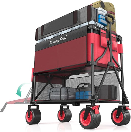 SunnyFeel Heavy Duty Collapsible Outdoor Utility Wagon Cart 500LB Capacity Adjustable Handlebar,Foldable Beach Wheels Stable Durable Oxford Fabric for Shopping Garden Camping (Red, Double Deck)