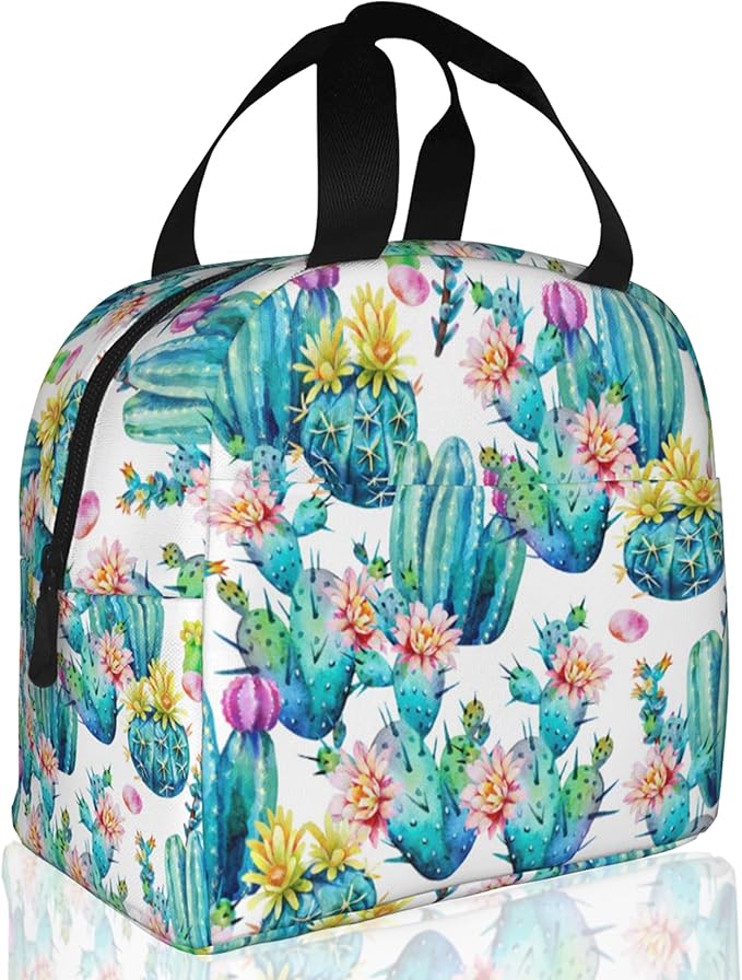 Insulated Lunch Bag,Watercolor Blooming Cactus Lunch Box for School Student Kids Boys Girls,Leakproof Small Lunch Tote for Adult Men Women,Reusable Lunch Cooler Tote Bag for Office Work Picnic