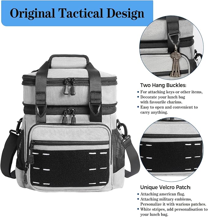 Lunch Box Cooler Bag - Tactical Insulated Lunchbox for Men - Large Lunch Pail Kit for Adults Work Outdoor Shifts Trips Grey 16L