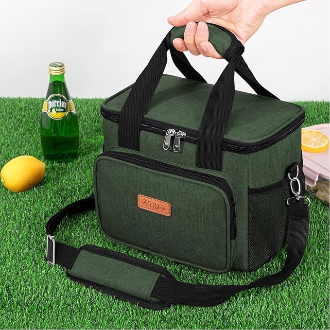 Tiblue Insulated Reusable Lunch Box for Office Work School Picnic Beach, Leakproof Freezable Cooler Bag with Adjustable Shoulder Strap (Medium, Dark green)
