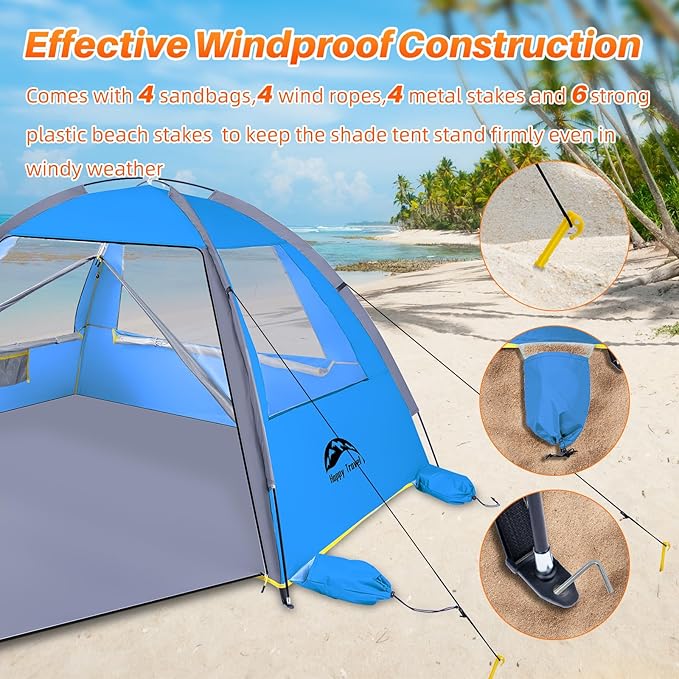 Happy Travel Beach Tent, UPF 50+ UV Protection Sun Shade Shelter for 3/4/5/6/7/8 Person, Portable Beach Canopy for Family & Baby, Lightweight & Easy Setup Beach Cabana with 3 Ventilation Mesh Windows