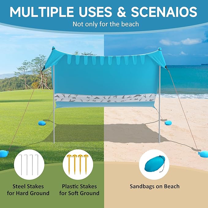 VILLEY Beach Tent Sun Shelter with UPF50+ Protection for 5 Person, 8x7FT Portable Sun Shade with 2 Stability Poles and 4 Sandbags, Outdoor Beach Canopy for Camping, Picnics, Fishing, Outdoors(Blue)