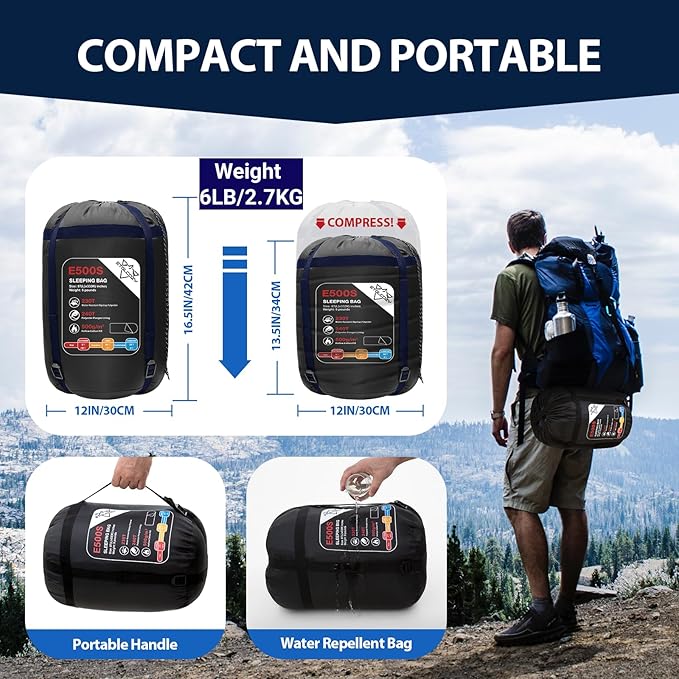 Adult Kids Sleeping Bag - All Season Warm/Cold Weather Lightweight for Camping & Hiking - Compact w/Compression Sack - Portable for Backpacking Travel Indoor - Unisex Boy Girl Man Woman