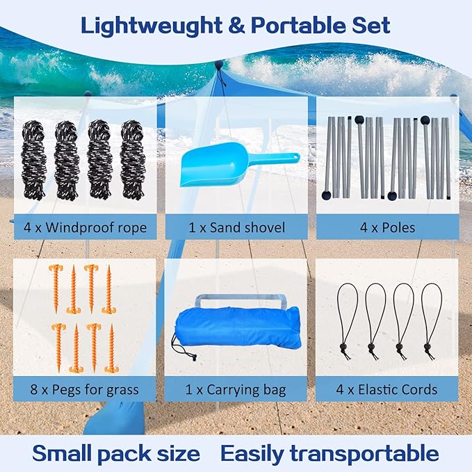 Beach Canopy Beach Tent UPF50+ 11x11 FT Easy to Setup Extra Windproof Rope Sun Shelter Beach Shade Canopy with 4 Stability Poles Outdoor Shade for Beach Camping Family