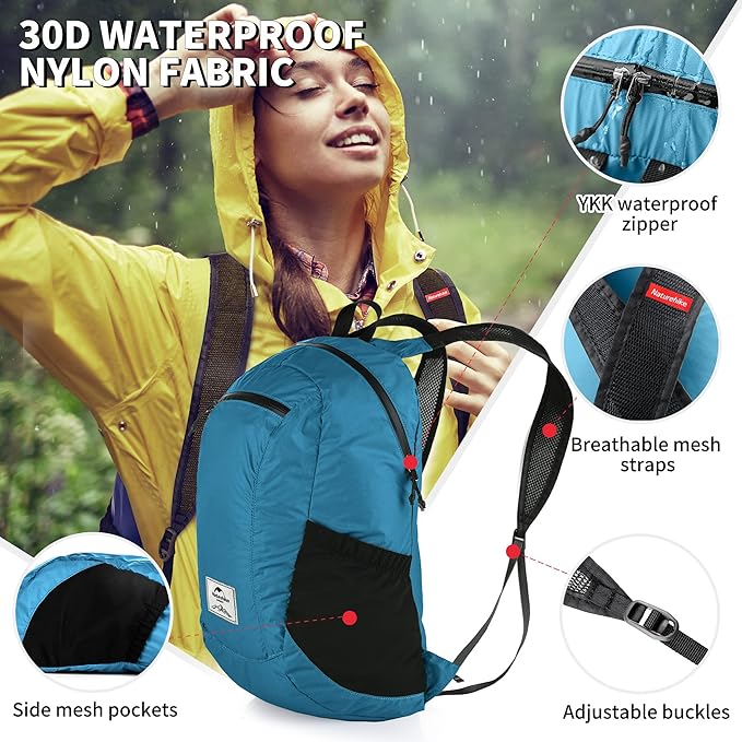 Naturehike 18L Lightweight Hiking Backpack, Waterproof Camping Packable Backpack Ultralight for Travel, Airplane, Small Hiking Daypack for Adults, Blue