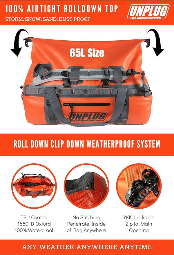 UNPLUG Ultimate Adventure Bag | 1680D Heavy Duty Waterproof Bag | Large Travel Duffle Bag which can be Used for Camping, Motorcycling, Boating, or Hunting